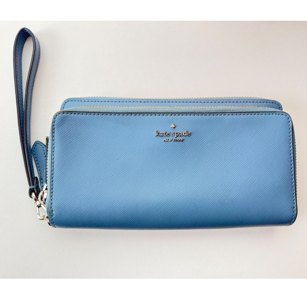 Kate Spade New York Light Blue Saffiano Leather Double Zip Wristlet Wallet